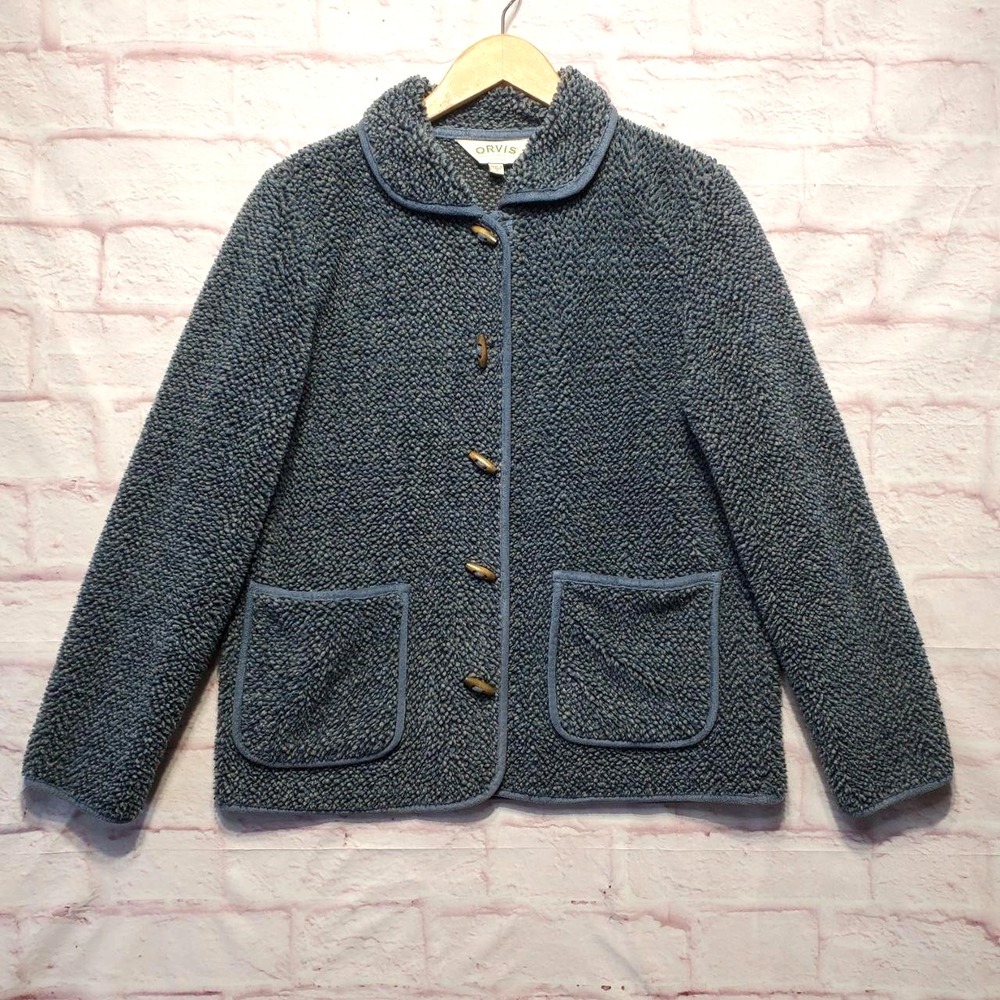 Orvis Womens‎ Blue Button Front Fleece Jacket Sherpa Textured Coat Size Small